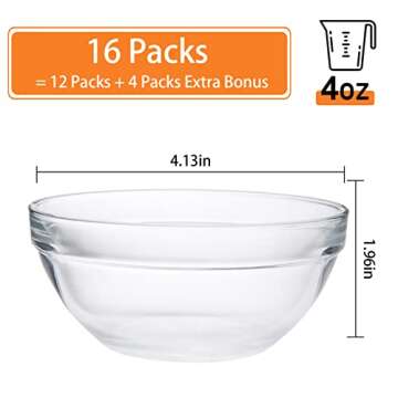 Farielyn-X 16 Pack 4 Inch Glass Ramekins Bowls, Mini Glass Prep Dessert Bowls Small for Kitchen Prep, Dessert, Dips, and Candy Dishes or Nut Bowls