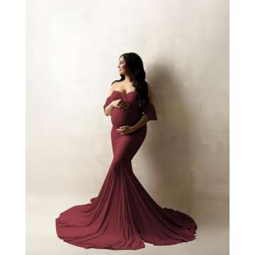 Saslax Off Shoulder Ruffle Sleeves Elegant Fitted Maxi Maternity Dress for Photoshoot Baby Shower Bu...