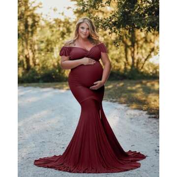 Saslax Off Shoulder Ruffle Sleeves Elegant Fitted Maxi Maternity Dress for Photoshoot Baby Shower Burgundy 12 Small