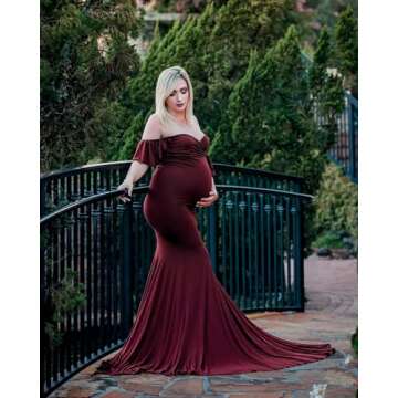 Saslax Off Shoulder Ruffle Sleeves Elegant Fitted Maxi Maternity Dress for Photoshoot Baby Shower Burgundy 12 Small