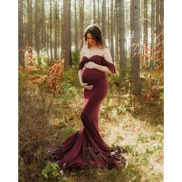 Saslax Off Shoulder Ruffle Sleeves Elegant Fitted Maxi Maternity Dress for Photoshoot Baby Shower Burgundy 12 Small
