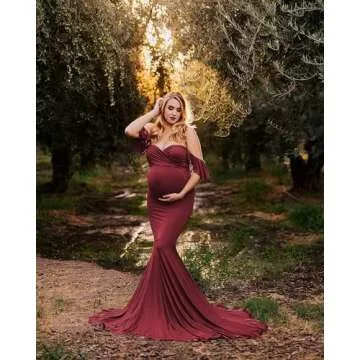 Saslax Off Shoulder Ruffle Sleeves Elegant Fitted Maxi Maternity Dress for Photoshoot Baby Shower Burgundy 12 Small