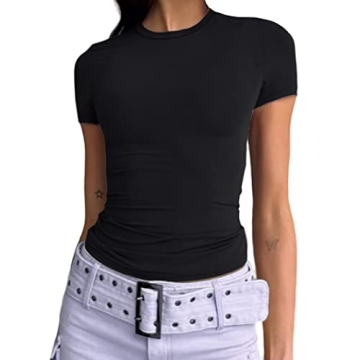 Abardsion Women's Casual Black Crop Top - Slim Fit Short Sleeve XS