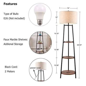 ROSEN GARDEN Floor Lamp, Standing Reading Light with Shelves and Fabric Shade, Modern Tall Pole Lamp, Accent Furniture Décor Lighting for Living Room, Bedrooms Black