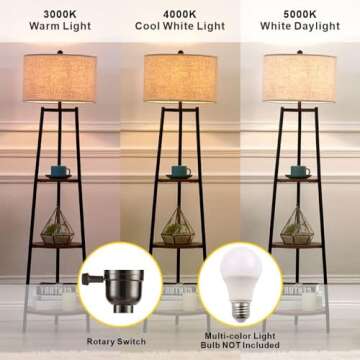 ROSEN GARDEN Floor Lamp, Standing Reading Light with Shelves and Fabric Shade, Modern Tall Pole Lamp, Accent Furniture Décor Lighting for Living Room, Bedrooms Black