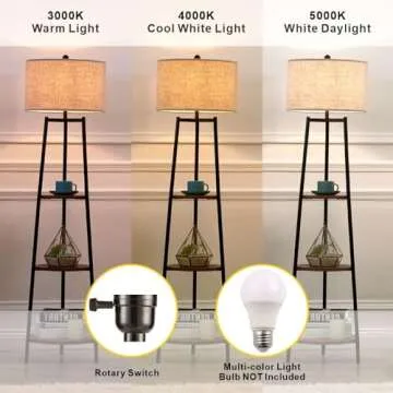 ROSEN GARDEN Floor Lamp, Standing Reading Light with Shelves and Fabric Shade, Modern Tall Pole Lamp, Accent Furniture Décor Lighting for Living Room, Bedrooms Black