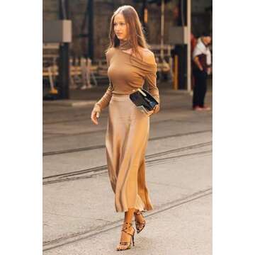 Zeagoo Womens Midi Skirt Satin High Waist Skirt Elegant Silk Skirts Khaki