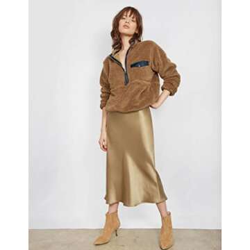 Zeagoo Womens Midi Skirt Satin High Waist Skirt Elegant Silk Skirts Khaki