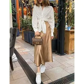 Zeagoo Womens Midi Skirt Satin High Waist Skirt Elegant Silk Skirts Khaki
