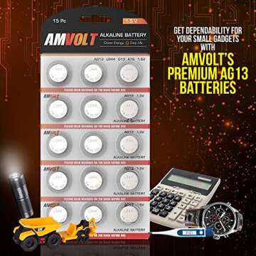 AmVolt- Pack of 15 LR44 Batteries AG13 SR44 357 303 Premium Alkaline Non Rechargeable Button Battery...