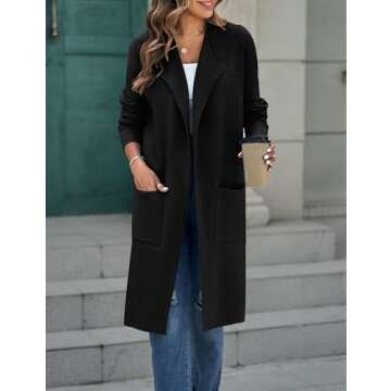 MEROKEETY Women's Open Front Coatigan Sweater Long Sleeve Casual Knit Lapel Cardigan Coat with Pockets, Black, Large