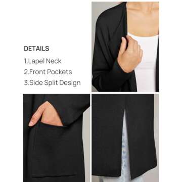 MEROKEETY Women's Open Front Coatigan Sweater Long Sleeve Casual Knit Lapel Cardigan Coat with Pockets, Black, Large