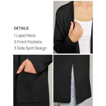 MEROKEETY Women's Open Front Coatigan Sweater Long Sleeve Casual Knit Lapel Cardigan Coat with Pockets, Black, Large