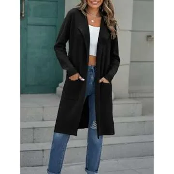 MEROKEETY Women's Open Front Coatigan Sweater Long Sleeve Casual Knit Lapel Cardigan Coat with Pockets, Black, Large
