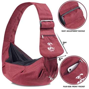 Puppy Eyes Waterproof Pet Carrier Sling Comfortable and Adjustable Dog Sling Ideal for Small & Medium Dogs up to 16 lb - Lightweight & Easy-Care Dog Carrier with Bonus car seat Belt and E-Book (red)