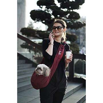 Puppy Eyes Waterproof Pet Carrier Sling Comfortable and Adjustable Dog Sling Ideal for Small & Medium Dogs up to 16 lb - Lightweight & Easy-Care Dog Carrier with Bonus car seat Belt and E-Book (red)