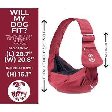 Puppy Eyes Waterproof Pet Carrier Sling Comfortable and Adjustable Dog Sling Ideal for Small & Medium Dogs up to 16 lb - Lightweight & Easy-Care Dog Carrier with Bonus car seat Belt and E-Book (red)