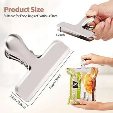 Pack of 8 Bag Clips, Stainless Steel and Heavy Duty Metal Bag Clip,Tightly Seals Chip, Coffee, Bread or Cereal Bags to Keep Food Fresh, for Home, Kitchen, Office, Pantry, Camping (Matte Silver)