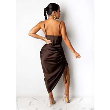 WUSENST Women's Spaghetti Strap Satin Dress Sexy Backless Drawstring Ruched Split Hem Cocktail Evening Party