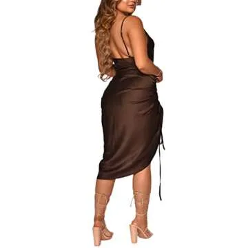 WUSENST Women's Spaghetti Strap Satin Dress Sexy Backless Drawstring Ruched Split Hem Cocktail Evening Party
