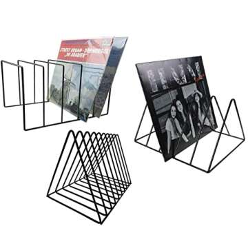 Vinyl Record Storage Holder Stand - Premium Triangle Metal Wire Magazine Rack and Book Holder holds up to 33 Lp Album Records, Functional and Contemporary Vinyl Record Rack Organizer (Black)