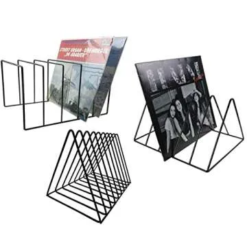 Vinyl Record Storage Holder Stand - Premium Triangle Metal Wire Magazine Rack and Book Holder holds up to 33 Lp Album Records, Functional and Contemporary Vinyl Record Rack Organizer (Black)