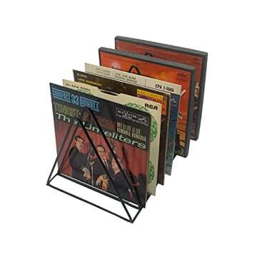Vinyl Record Storage Holder Stand - Premium Triangle Metal Wire Magazine Rack and Book Holder holds up to 33 Lp Album Records, Functional and Contemporary Vinyl Record Rack Organizer (Black)