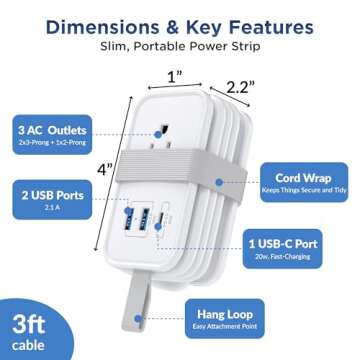 Travel Charger for Multiple Devices, Flat Plug Power Strip 3ft Adapter Extension Cord, 3 AC Outlets,...