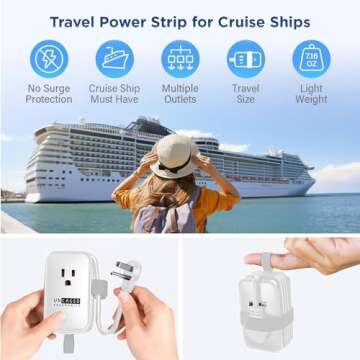 Travel Charger for Multiple Devices, Flat Plug Power Strip 3ft Adapter Extension Cord, 3 AC Outlets, 2 USB & 1 Fast Charging USB-C, No Surge Cruise Approved, Portable Power Strip