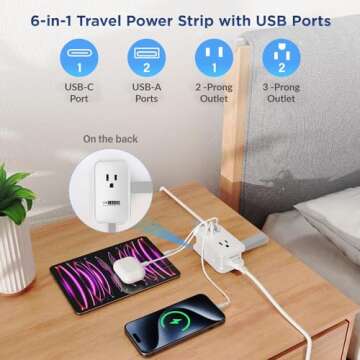 Travel Charger for Multiple Devices, Flat Plug Power Strip 3ft Adapter Extension Cord, 3 AC Outlets, 2 USB & 1 Fast Charging USB-C, No Surge Cruise Approved, Portable Power Strip