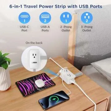 Travel Charger for Multiple Devices, Flat Plug Power Strip 3ft Adapter Extension Cord, 3 AC Outlets, 2 USB & 1 Fast Charging USB-C, No Surge Cruise Approved, Portable Power Strip