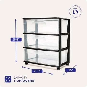 HOMZ Drawer Tower, 3-Tier Wide Clear Plastic Storage Organizer Cart, Black Frame