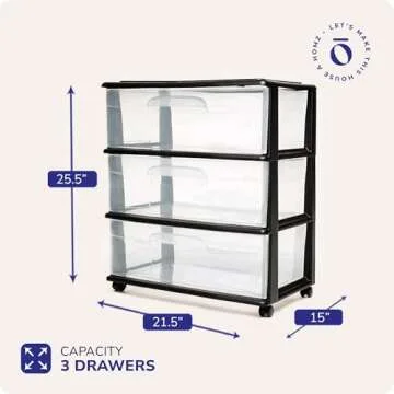 HOMZ Drawer Tower, 3-Tier Wide Clear Plastic Storage Organizer Cart, Black Frame