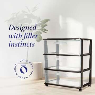 HOMZ Drawer Tower, 3-Tier Wide Clear Plastic Storage Organizer Cart, Black Frame