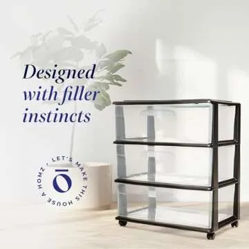 HOMZ Drawer Tower, 3-Tier Wide Clear Plastic Storage Organizer Cart, Black Frame