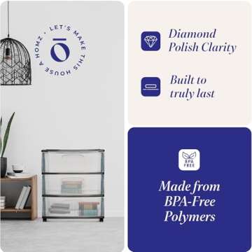 HOMZ Drawer Tower, 3-Tier Wide Clear Plastic Storage Organizer Cart, Black Frame