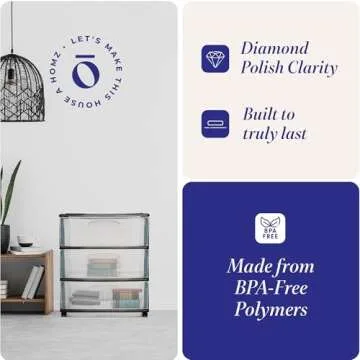 HOMZ Drawer Tower, 3-Tier Wide Clear Plastic Storage Organizer Cart, Black Frame