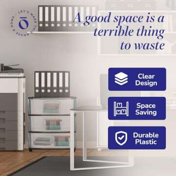 HOMZ Drawer Tower, 3-Tier Wide Clear Plastic Storage Organizer Cart, Black Frame