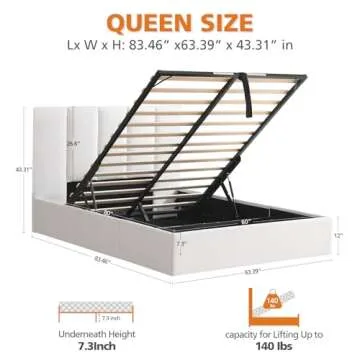 VELOCAVA Lift Up Storage Bed Queen Size Upholstered Beds with Hydraulic Mechanism, Gas Lift Up Storage Bed with Headboard and Wooden Slat Support and Under Bed Storage, No Spring Box Needed, White