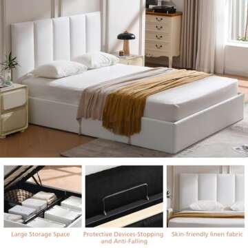 VELOCAVA Lift Up Storage Bed Queen Size Upholstered Beds with Hydraulic Mechanism, Gas Lift Up Storage Bed with Headboard and Wooden Slat Support and Under Bed Storage, No Spring Box Needed, White