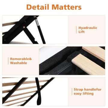 VELOCAVA Lift Up Storage Bed Queen Size Upholstered Beds with Hydraulic Mechanism, Gas Lift Up Storage Bed with Headboard and Wooden Slat Support and Under Bed Storage, No Spring Box Needed, White