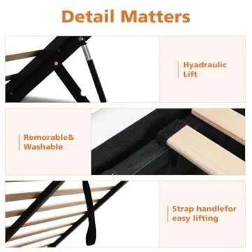 VELOCAVA Lift Up Storage Bed Queen Size Upholstered Beds with Hydraulic Mechanism, Gas Lift Up Storage Bed with Headboard and Wooden Slat Support and Under Bed Storage, No Spring Box Needed, White