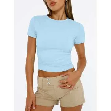 Trendy Queen Women's Basic T Shirts Summer Outfits 2025 Scoop Neck Short Sleeve Crop Tops Slim Fit T...