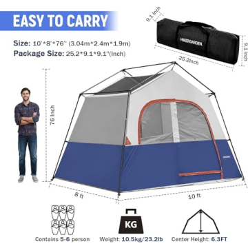 HIKERGARDEN 6-Person Camping Tent Windproof Easy Setup