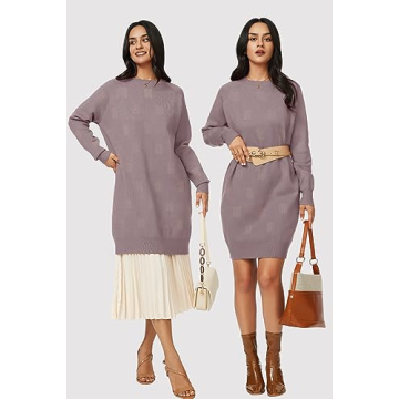 Arach&Cloz Womens Fall Fashion 2024 Sweater Dress Crew Neck Long Sleeve Casual Knitted Oversized Plus Size Pullover Winter Outfits Clothes (Grey Purple, L)