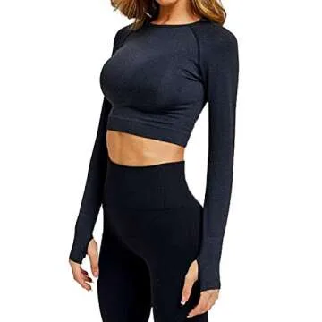 FITTOO Women's Long Sleeves Workout Crop Tops Seamless Sports Shirts Fitness Activewear Black XS