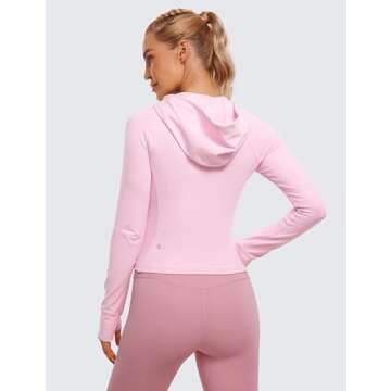 CRZ YOGA Womens Butterluxe Full Zip Workout Hoodie Jackets Slim Fit Hooded Athletic Yoga Lightweight Jacket with Thumb Holes Pink Peony Medium