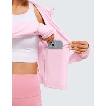 CRZ YOGA Womens Butterluxe Full Zip Workout Hoodie Jackets Slim Fit Hooded Athletic Yoga Lightweight Jacket with Thumb Holes Pink Peony Medium