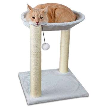 Paws & Pals 3-in-1 Cat Scratching Post w/Hammock & Toy | No-Effort Assembly, Sturdy Pressed-Wood w/Vegan Fur Carpet - Pet Bed Scratch Lounge Furniture Best for Kitten & Large Kitty Cats - Tall, White