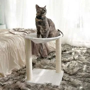 Paws & Pals 3-in-1 Cat Scratching Post w/Hammock & Toy | No-Effort Assembly, Sturdy Pressed-Wood w/Vegan Fur Carpet - Pet Bed Scratch Lounge Furniture Best for Kitten & Large Kitty Cats - Tall, White
